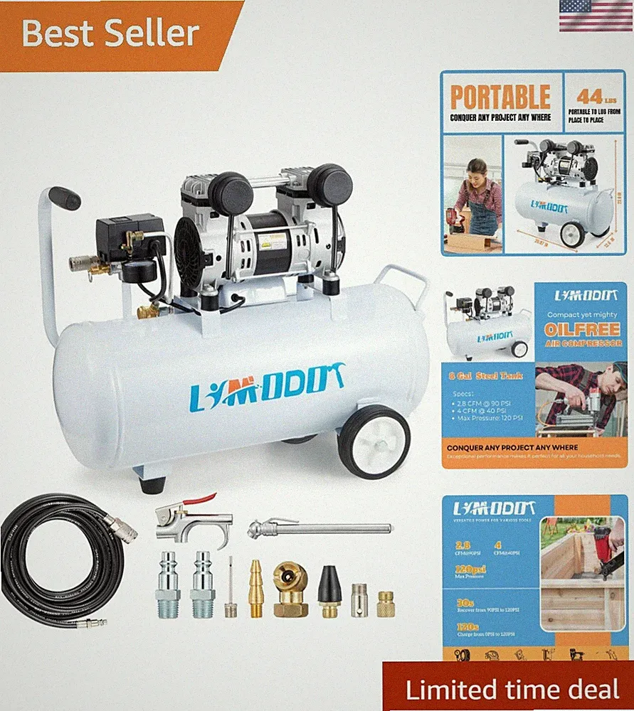 8 Gallon Oil-Free Air Compressor with Ultra Quiet 68dB & Fast 120s Recharge